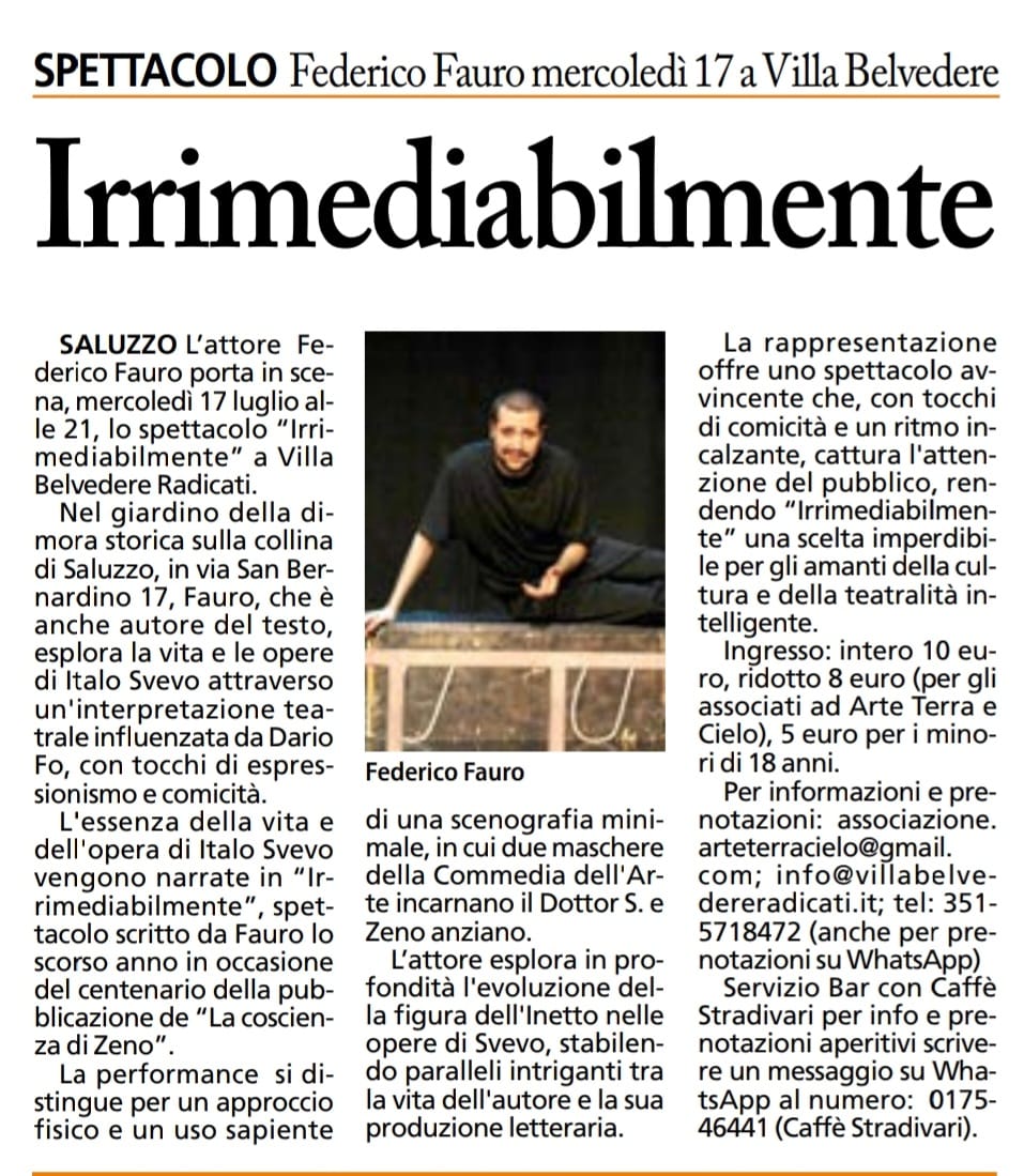 Mercoledì 17 luglio Federico Fauro in Scena con “Irrimediabilmente” a Villa Belvedere a Saluzzo